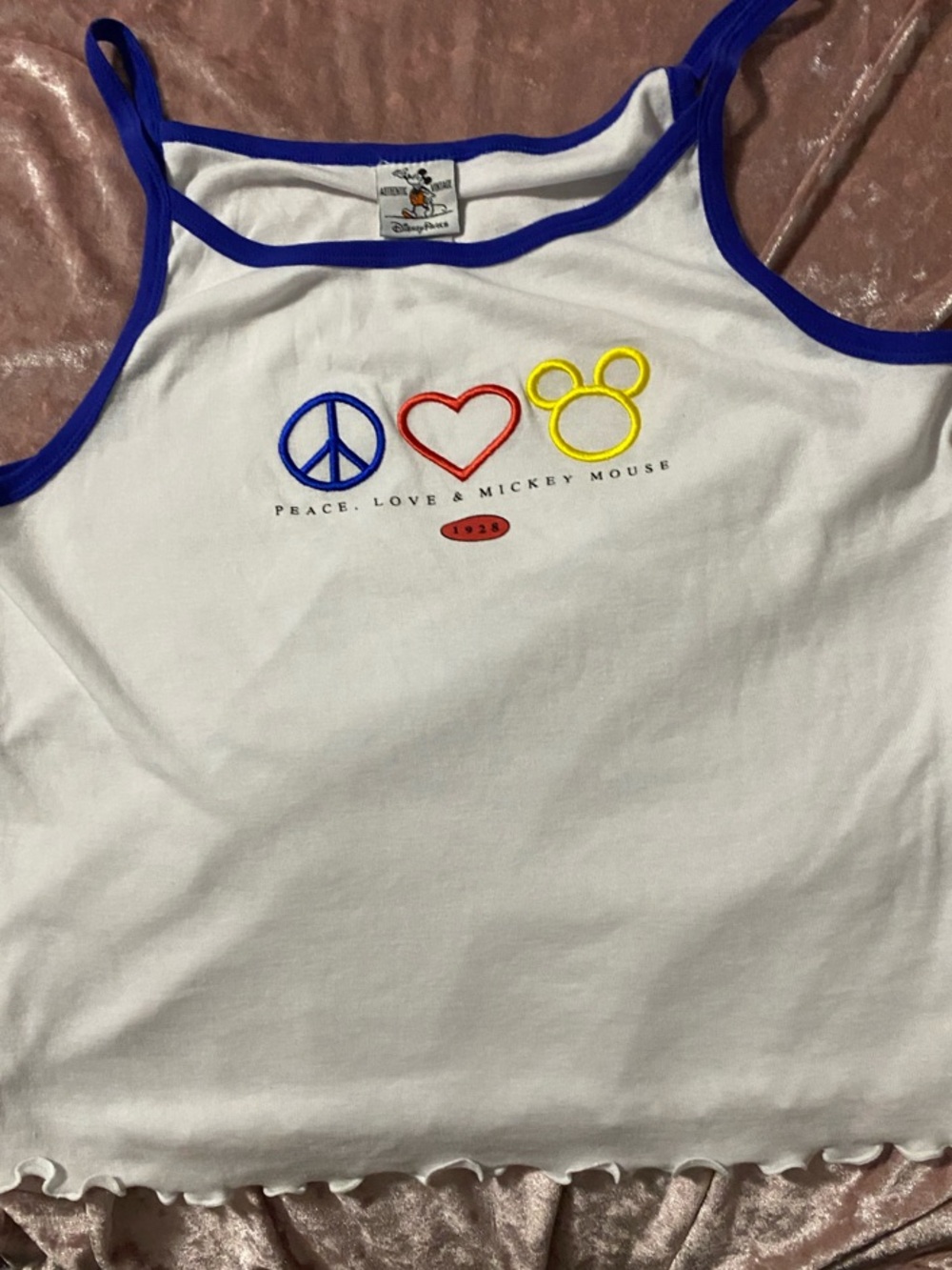 Disney White Tank with Blue Trim and Multicolor Icons